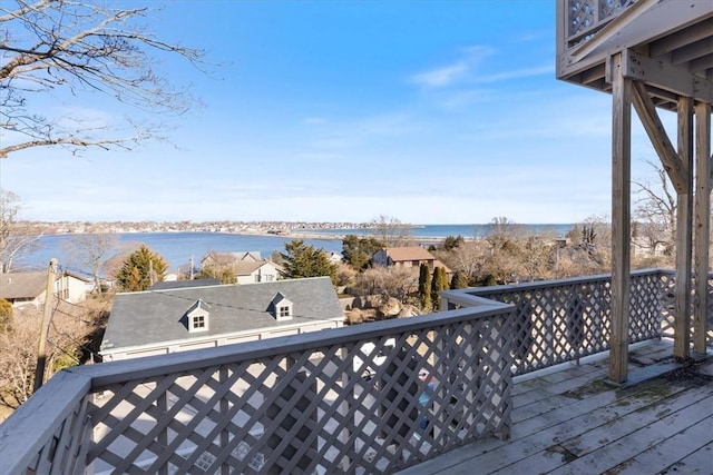 deck featuring a water view