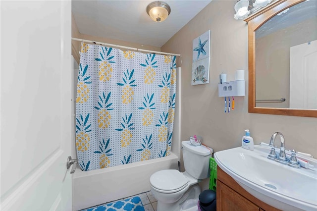 bathroom with toilet, tile patterned floors, shower / tub combo, and vanity