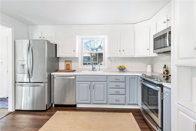 kitchen featuring a sink, dark wood-type flooring, white cabinets, and stainless steel appliances