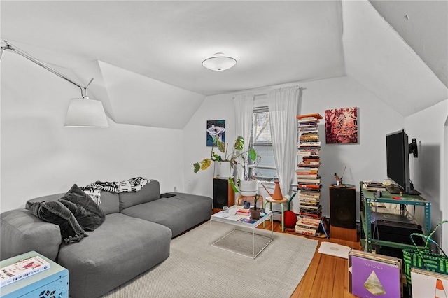 living room featuring vaulted ceiling and wood finished floors