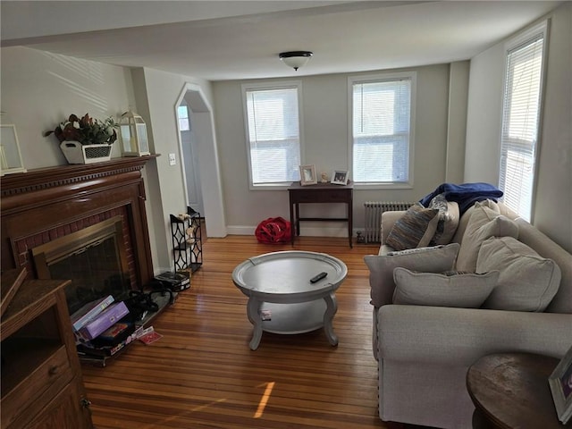 living area with a wealth of natural light, radiator, a glass covered fireplace, and wood finished floors