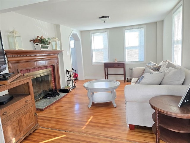 living area featuring light wood finished floors, a fireplace, and arched walkways