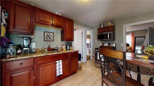 kitchen featuring light wood-style floors, light stone counters, stainless steel appliances, and a sink