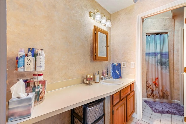 full bathroom with tile patterned flooring, vanity, and a shower with curtain