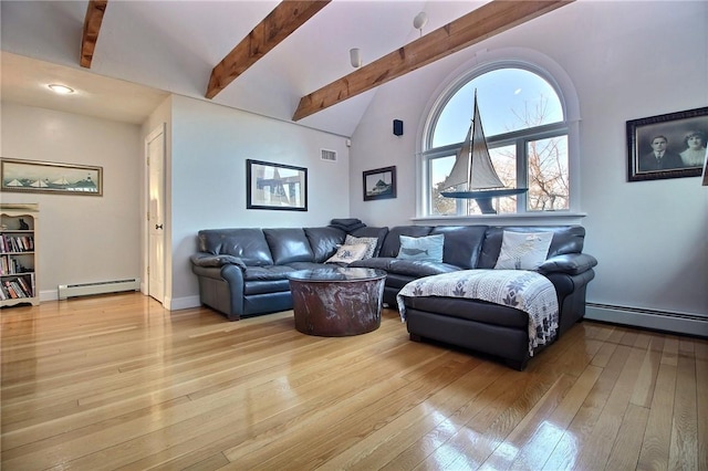 living room featuring vaulted ceiling with beams, a baseboard radiator, a baseboard heating unit, visible vents, and light wood finished floors