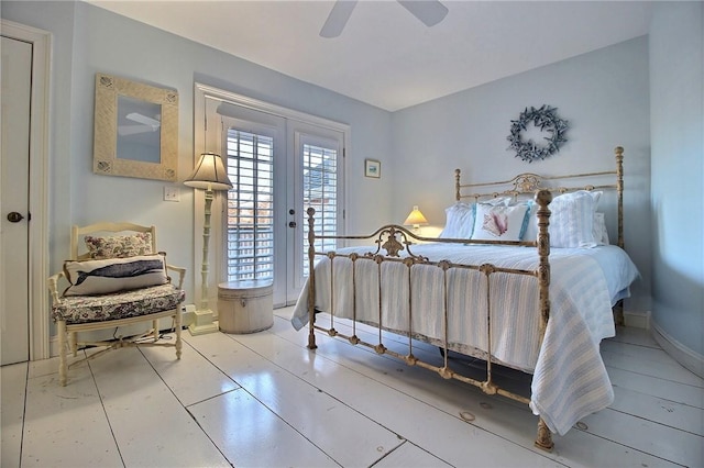 bedroom featuring baseboards, french doors, a ceiling fan, and access to exterior