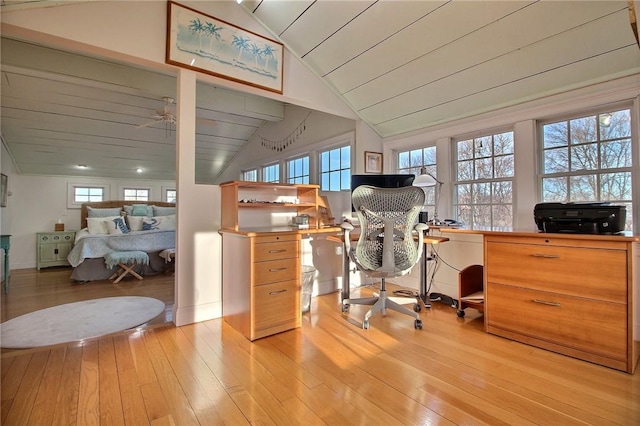 home office with lofted ceiling, light wood-style floors, and wood ceiling