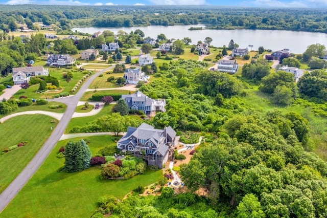 bird's eye view with a water view and a forest view