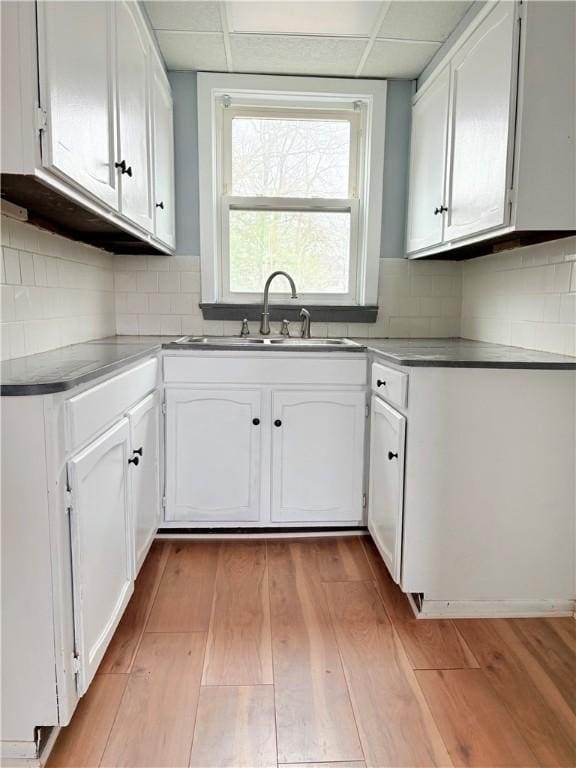 kitchen with light wood finished floors, a sink, white cabinetry, and decorative backsplash