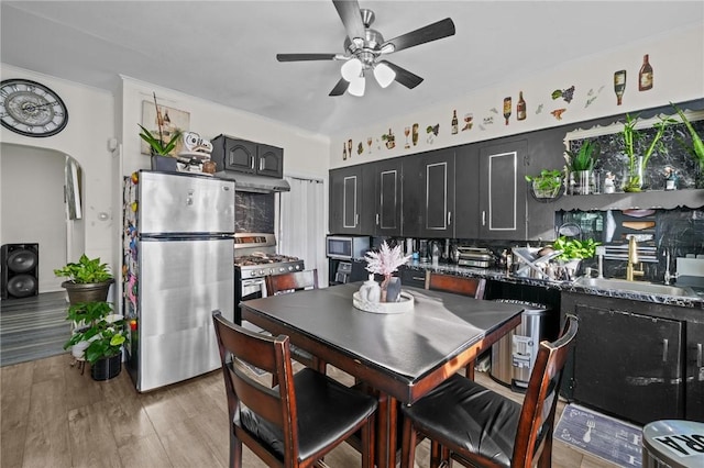 kitchen with a ceiling fan, under cabinet range hood, stainless steel appliances, dark cabinetry, and light wood-style floors