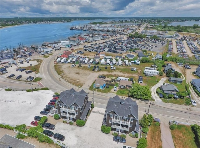 bird's eye view with a water view