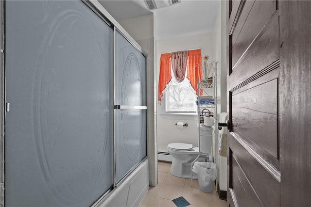 bathroom featuring enclosed tub / shower combo, tile patterned flooring, toilet, a baseboard heating unit, and visible vents