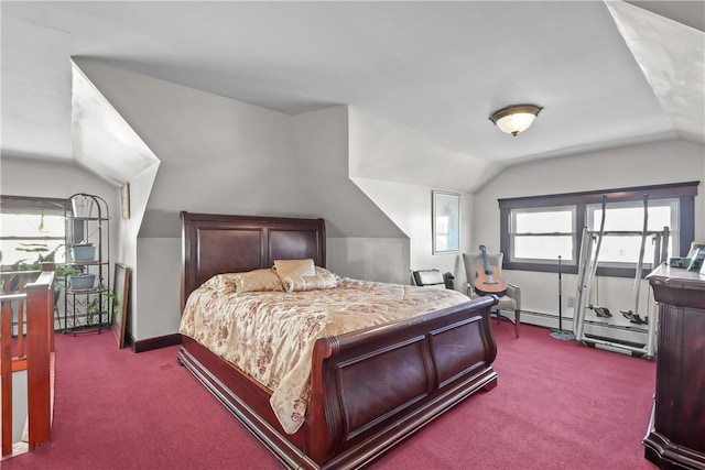 bedroom with lofted ceiling, dark colored carpet, a baseboard heating unit, and baseboards