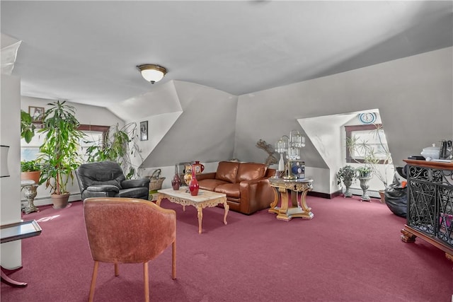 living room featuring carpet flooring, vaulted ceiling, and baseboard heating