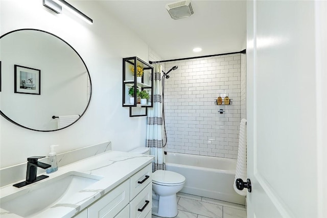 bathroom with visible vents, toilet, marble finish floor, shower / bathtub combination with curtain, and vanity