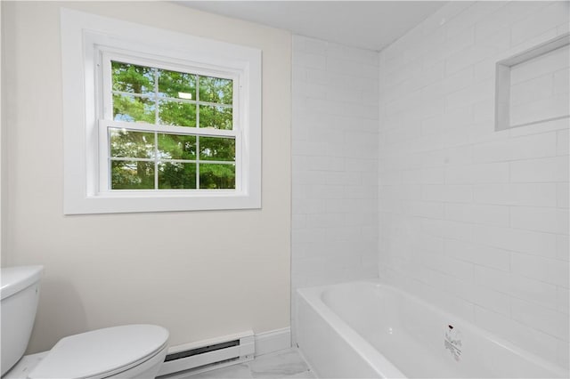 bathroom featuring marble finish floor, baseboards, toilet, and baseboard heating