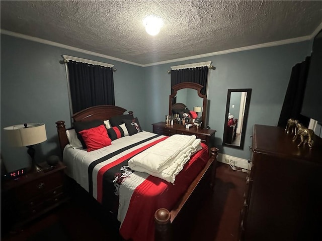 bedroom with a textured ceiling and crown molding