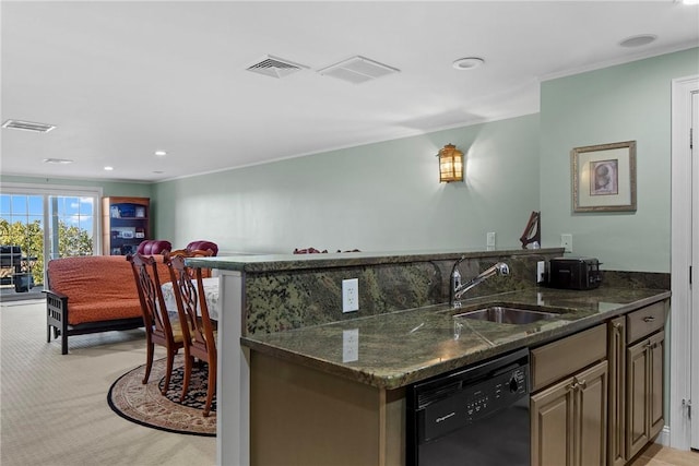 kitchen featuring black dishwasher, visible vents, a sink, and ornamental molding