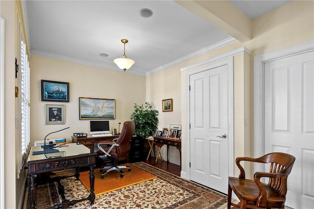 office area with ornamental molding and wood finished floors