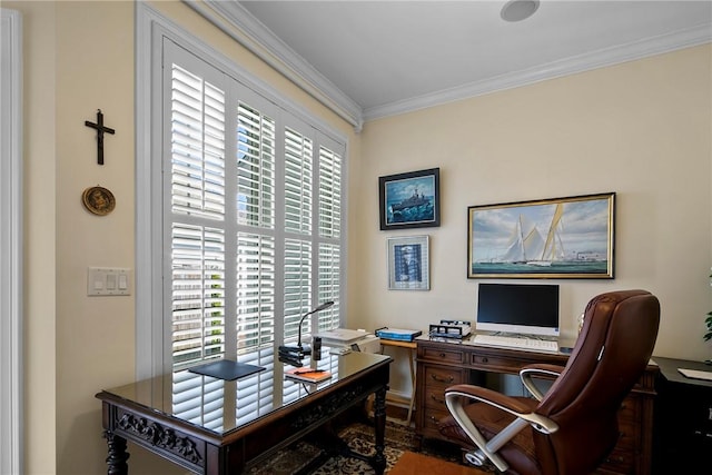 office area featuring crown molding