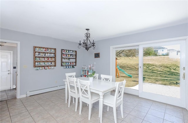 dining space with light tile patterned floors, baseboard heating, and a notable chandelier