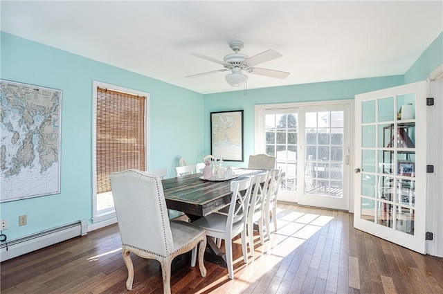 dining room featuring hardwood / wood-style flooring, ceiling fan, and baseboard heating