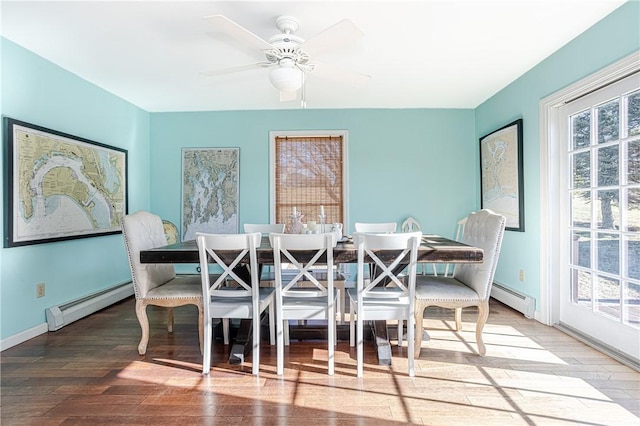 dining area with a healthy amount of sunlight, hardwood / wood-style flooring, and baseboard heating