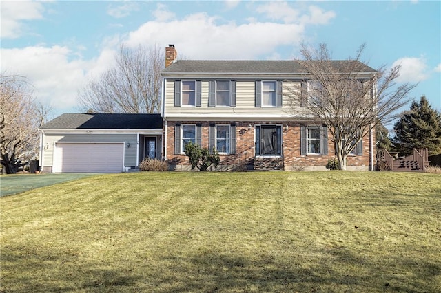 view of front of house with driveway, a garage, a chimney, a front lawn, and brick siding