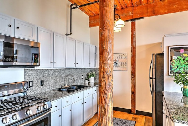 kitchen featuring stainless steel appliances, a sink, white cabinets, beam ceiling, and tasteful backsplash