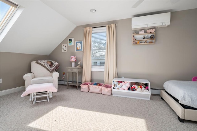 carpeted bedroom with vaulted ceiling with skylight, baseboard heating, a wall unit AC, and baseboards