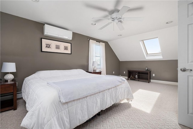 carpeted bedroom with baseboards, lofted ceiling with skylight, a baseboard radiator, ceiling fan, and a wall mounted air conditioner