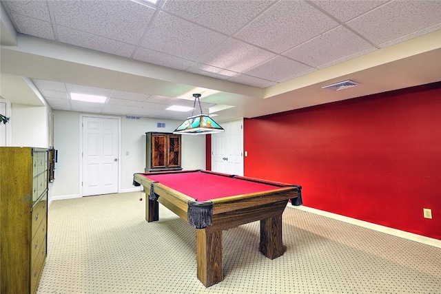 rec room featuring a paneled ceiling, billiards, carpet flooring, visible vents, and baseboards