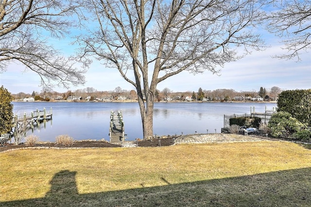 dock area featuring a water view and a yard