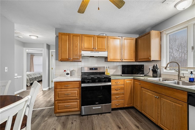 kitchen with stainless steel gas stove, dark wood-style floors, a sink, and under cabinet range hood