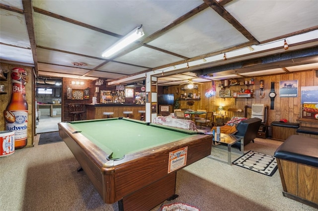 playroom with pool table, a bar, wood walls, and carpet