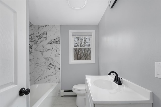 bathroom with shower / tub combination, toilet, a baseboard heating unit, vanity, and marble finish floor