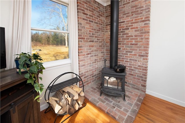 details with a wood stove, baseboards, and wood finished floors