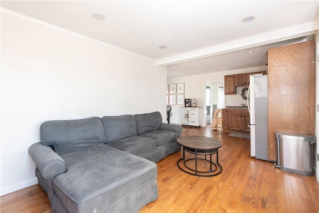 living room featuring baseboards, light wood-type flooring, and crown molding