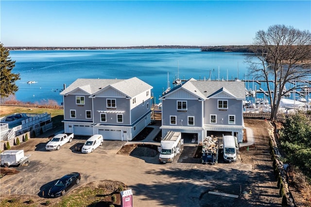 drone / aerial view featuring a water view