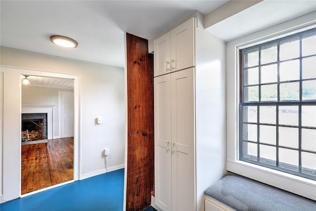 interior space with baseboards, a fireplace with flush hearth, and wood finished floors