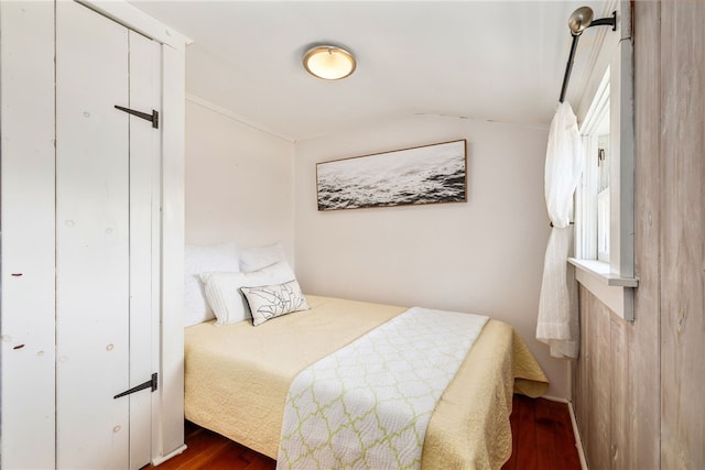 bedroom featuring lofted ceiling, a closet, and dark wood-style floors