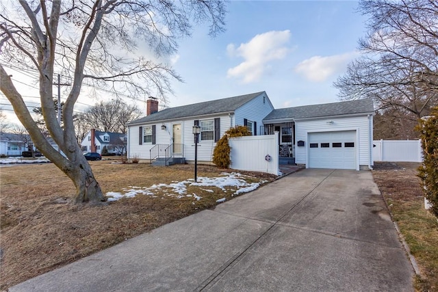 single story home with driveway, fence, a chimney, and an attached garage