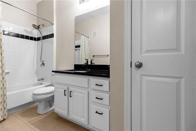 bathroom featuring toilet, visible vents, vanity, tile patterned floors, and shower / bathtub combination with curtain