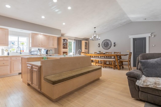 kitchen featuring open floor plan, an island with sink, light brown cabinets, and a wealth of natural light