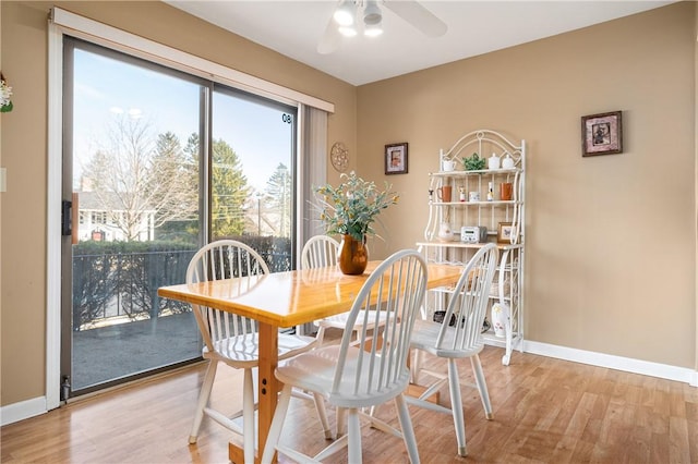 dining room featuring light wood finished floors, a ceiling fan, and baseboards