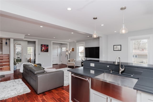 kitchen featuring a healthy amount of sunlight, ornamental molding, and dark wood-type flooring