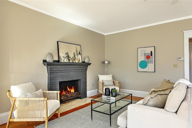 living area with ornamental molding, a fireplace, and baseboards