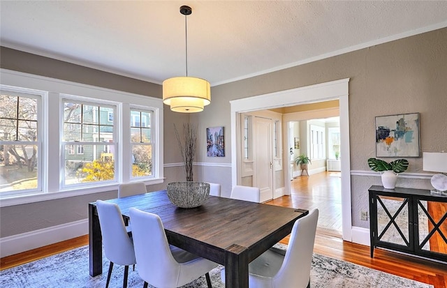 dining space featuring light wood finished floors, baseboards, crown molding, and a textured wall