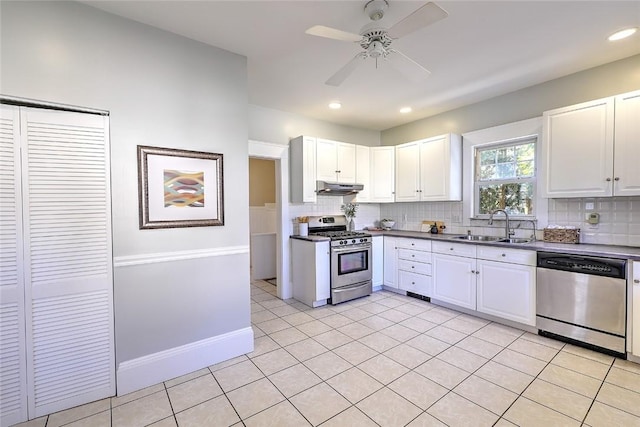 kitchen with under cabinet range hood, backsplash, stainless steel appliances, and a sink