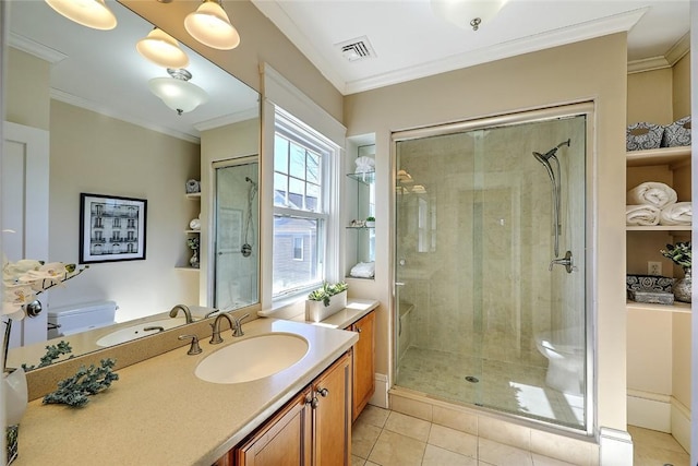 full bathroom featuring crown molding, visible vents, a stall shower, vanity, and tile patterned floors